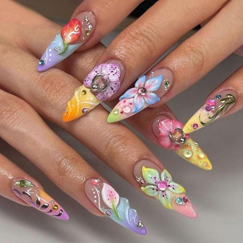 SEENEEY Long Press on Nails Almond Fake Nails Flowers Colorful Artificial Nail with Rhinestone Designs Stick on Nail for Women 24pcs - Image 1